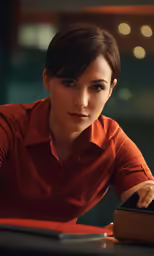 woman wearing a red shirt looking back with her hand on top of her tablet