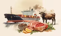a ship docked next to a pile of meat and fruit