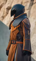 a woman in a trench coat stands next to some mountains