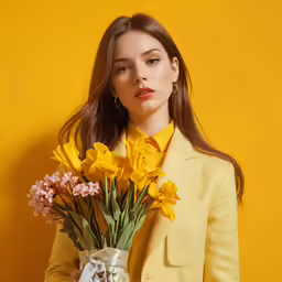 a young woman holding a bouquet of flowers
