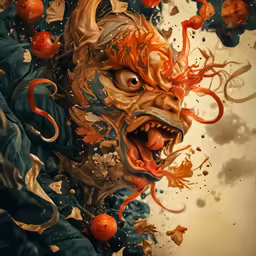 a head of a demon with orange hair and fangs