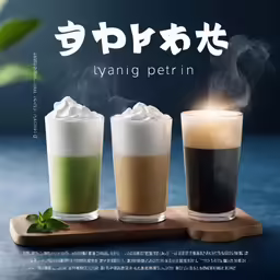 three cups containing different drinks with steam coming out from the top