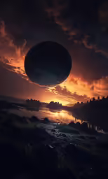 a space floating through the sky during a sunset