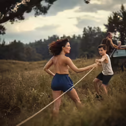 a woman in high waisted shorts holding hands with a little boy
