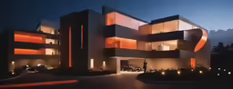 a building lit up at night with lights on