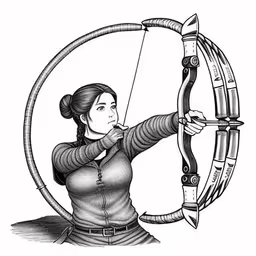 a woman is holding an arrow and aiming it with the tip of her bow,drawing with a person in line on the image and a person looking like a lady with bow and arrow,the woman with the bow is ready to shoot,a girl holding an arrow and looking in the mirror,a girl is aiming a bow with an arrow