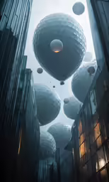 large floats floating through the air above tall buildings