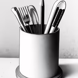 a white container holds silverware and knives