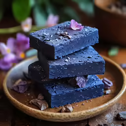 purple and white squares of chocolate on top of each other on a plate