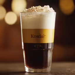 a glass of iced and cream coffee on a table