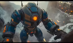 a robot in an animated suit, standing in a desert