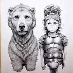 the drawing shows the two children next to a dog