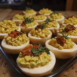 a bunch of deviled eggs with different toppings