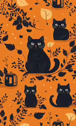 an orange wallpaper with black cats and trees