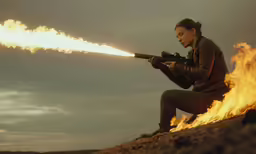 a woman in brown is holding a rifle