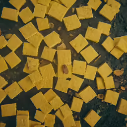 a pile of yellow crackers laying next to each other