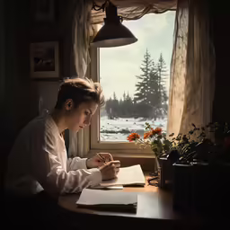 a woman writes while sitting at her desk in front of a window