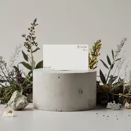 several flowers with blank cards next to a rock