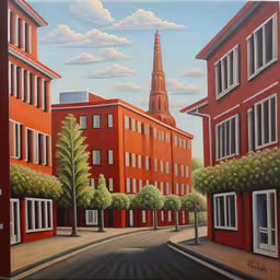 there are some red buildings in the city,an oil painting of the city with buildings