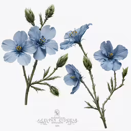 four blue flowers on a white background,four blue flowers with green leaves on them