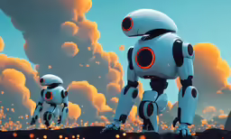 two robots stand side by side near clouds