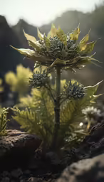 some plants sitting in the rocks on a mountain