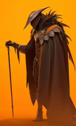 a man in an old fashioned costume holding a staff