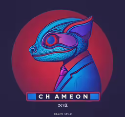 a blue and purple poster of a human like head wearing a suit,a colorful illustration of a man in a suit and mask