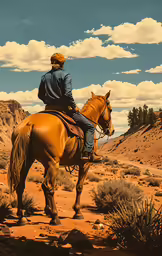the man is riding his horse in the desert