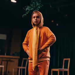 a person in an orange outfit standing on stage