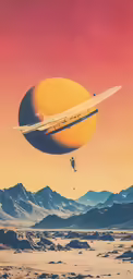 an illustration of a flying space shuttle in the desert