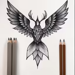 an ink drawing of a bird with feathers