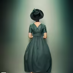a woman in a dress and hat is leaning against a wall