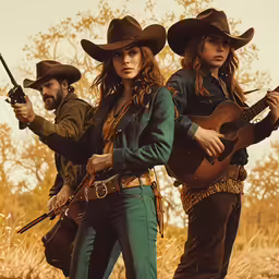 three people in cowboy hats are standing together holding guitars