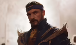 a man wearing a blue and red outfit and a blindfold on his head