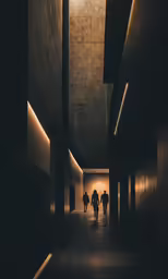 two people walking in the hallway between two buildings