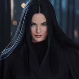 a woman with long black hair wearing a black top