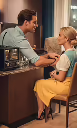two people sitting in front of a counter