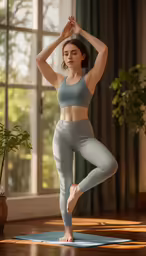 a woman standing on a yoga mat in a room with potted plants