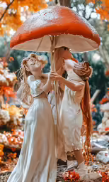 two girls are under an umbrella with each other