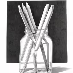 pencils in a mason jar that is on top of a table