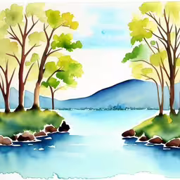 a painting of trees overlooking a body of water