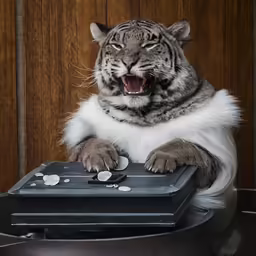 a big cat with its mouth open next to a box