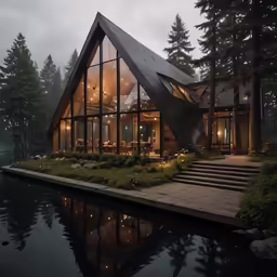 a house sitting on top of a lake next to trees