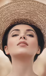 an elegant woman with a straw hat and closed eyes