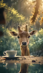 a deer looks into the camera while drinking coffee