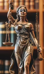 a statue holding the scales of justice with books in the background