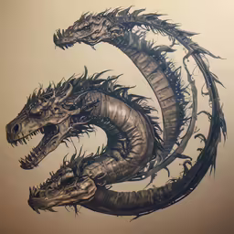 a pencil drawing of two dragon heads in a circle