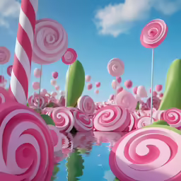 many pink and green decorations floating on water