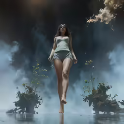 a girl with very large breast and short skirt walking across a body of water with low flying smoke behind her